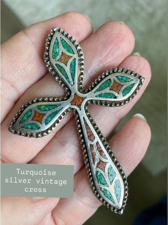 Jewelry - Turquoise Inlay vintage Silver Cross Pendant